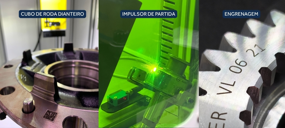 Gravações a laser fibra realizadas em diferentes peças de metal.