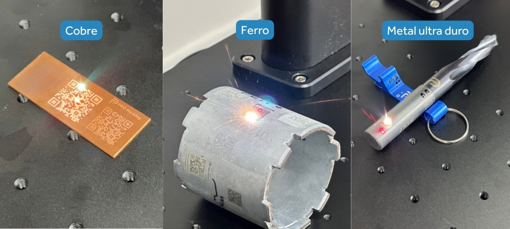 Testes de gravação a laser em diferentes tipos de metal.