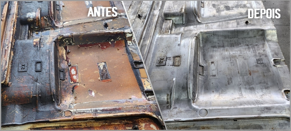 Antes e depois de molde de estamparia industrial. Limpeza feita com laser.