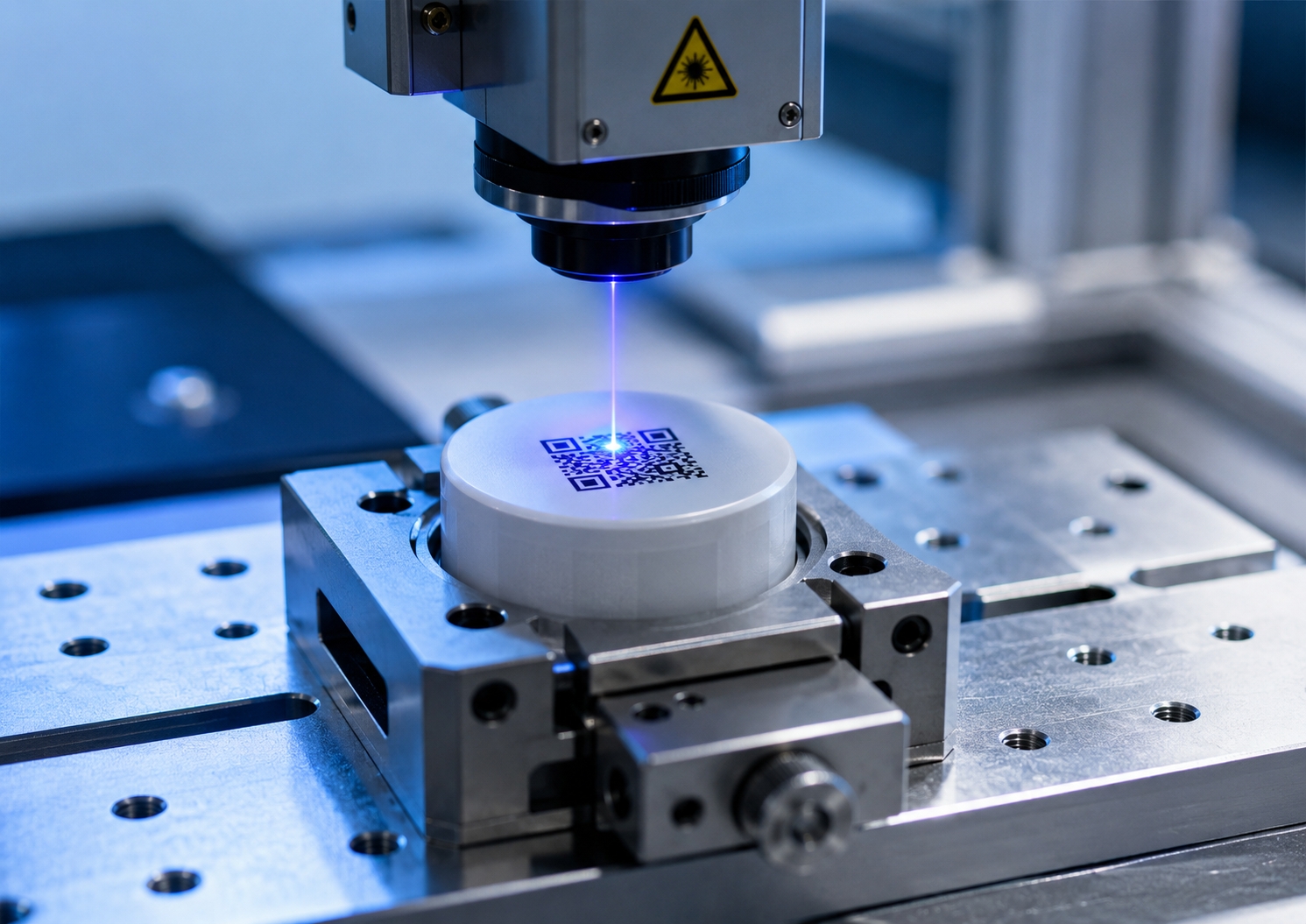 Gravação de QR code em peça de plástico com laser UV.