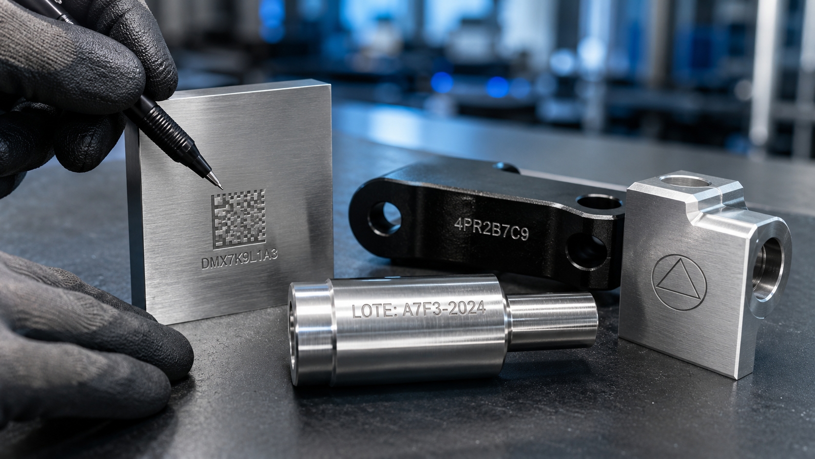 Peças metálicas gravadas a laser.