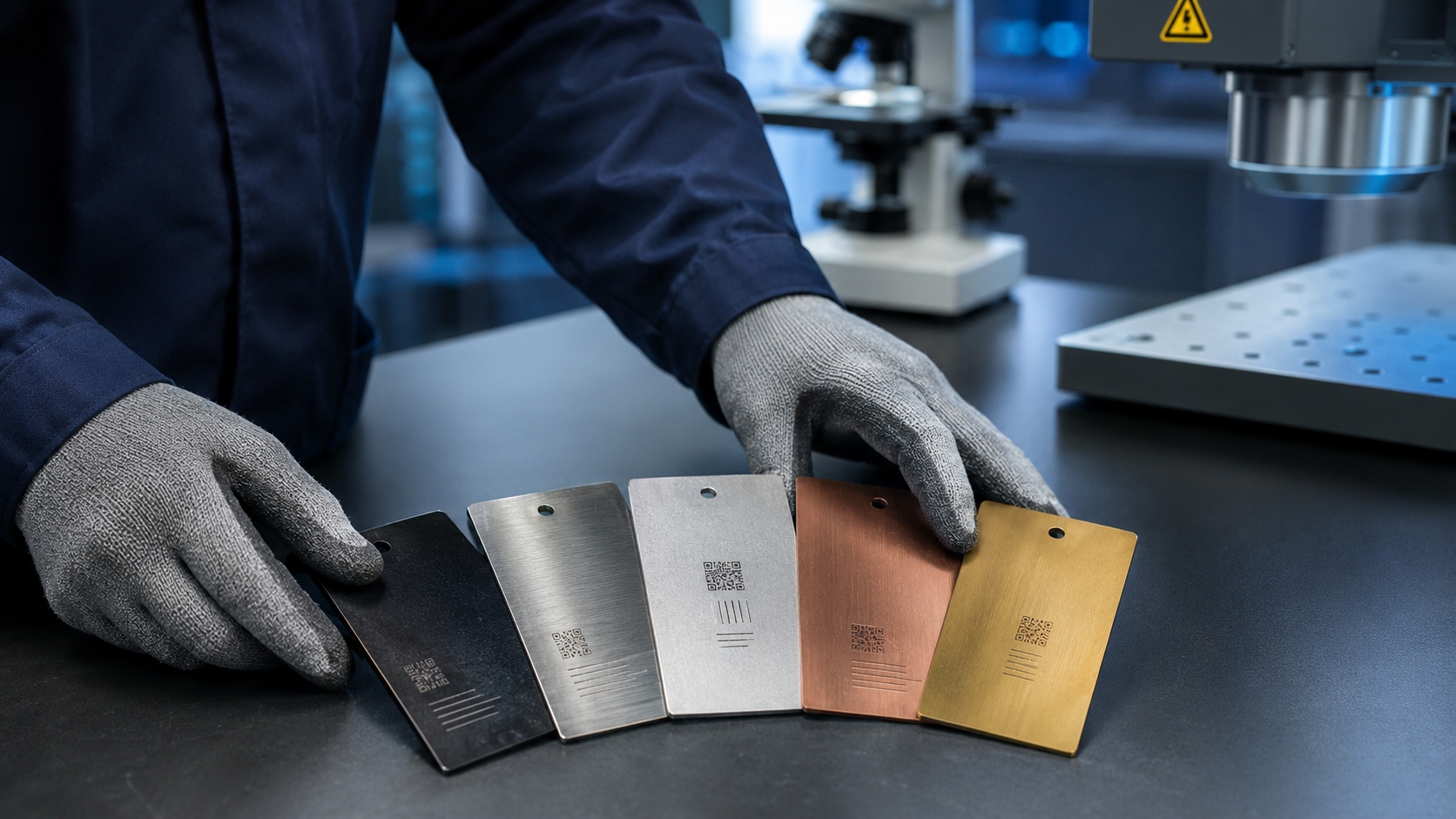 Amostras de diferentes tipos de metal gravadas a laser.