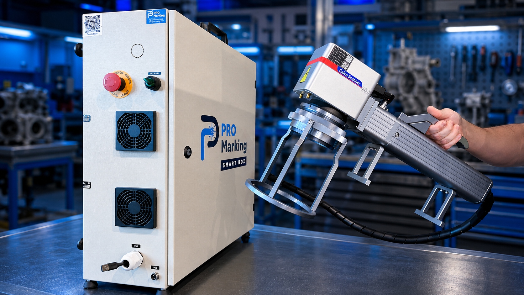 SmartBox Portátil, nossa máquina de gravação em metal portátil equipada com laser fibra.