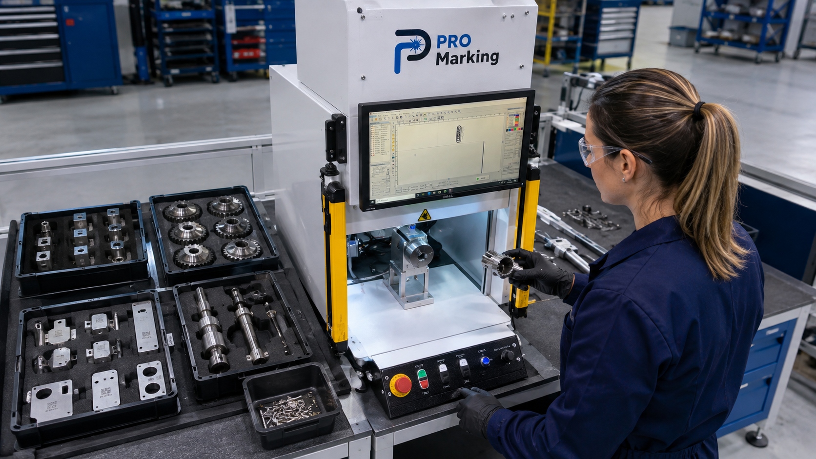Peça de metal sendo preparada na máquina a laser para gravação.