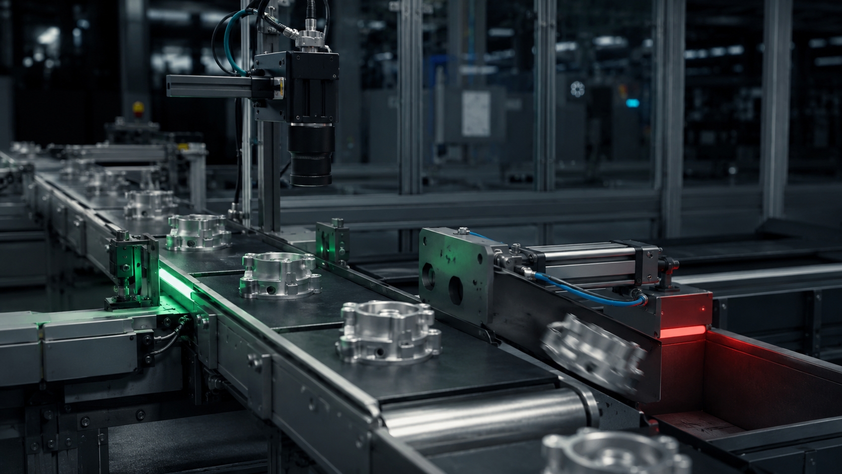 Linha de produção com peças passando pela verificação em um sistema de visão industrial.