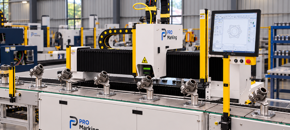 Uma gravadora a laser em uma grande linha de produção industrial.