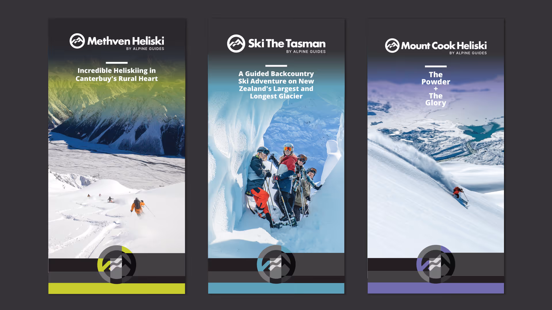 Alpine Guides NZ subbrands. Ski The Tasman, Methven Heliski and Ski The Tasman brochure design.
