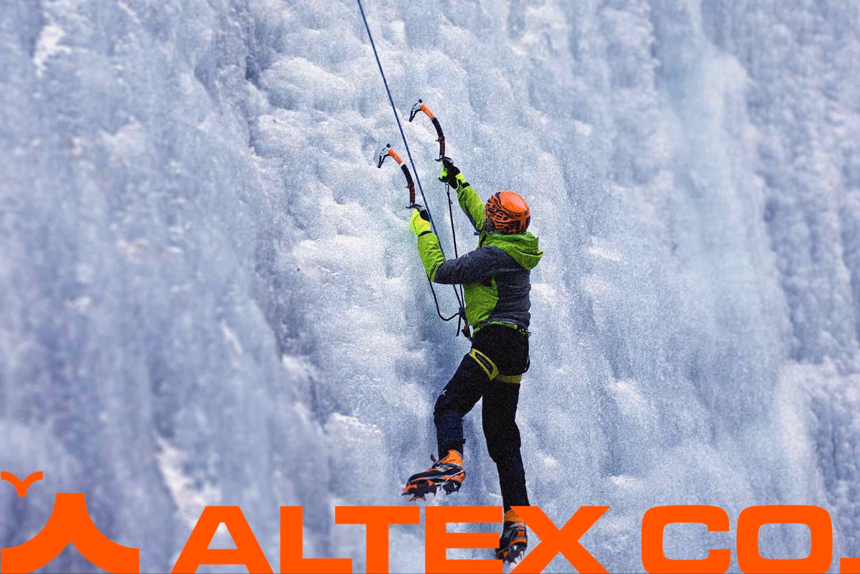 Altex Co. logo on a ice climber background.