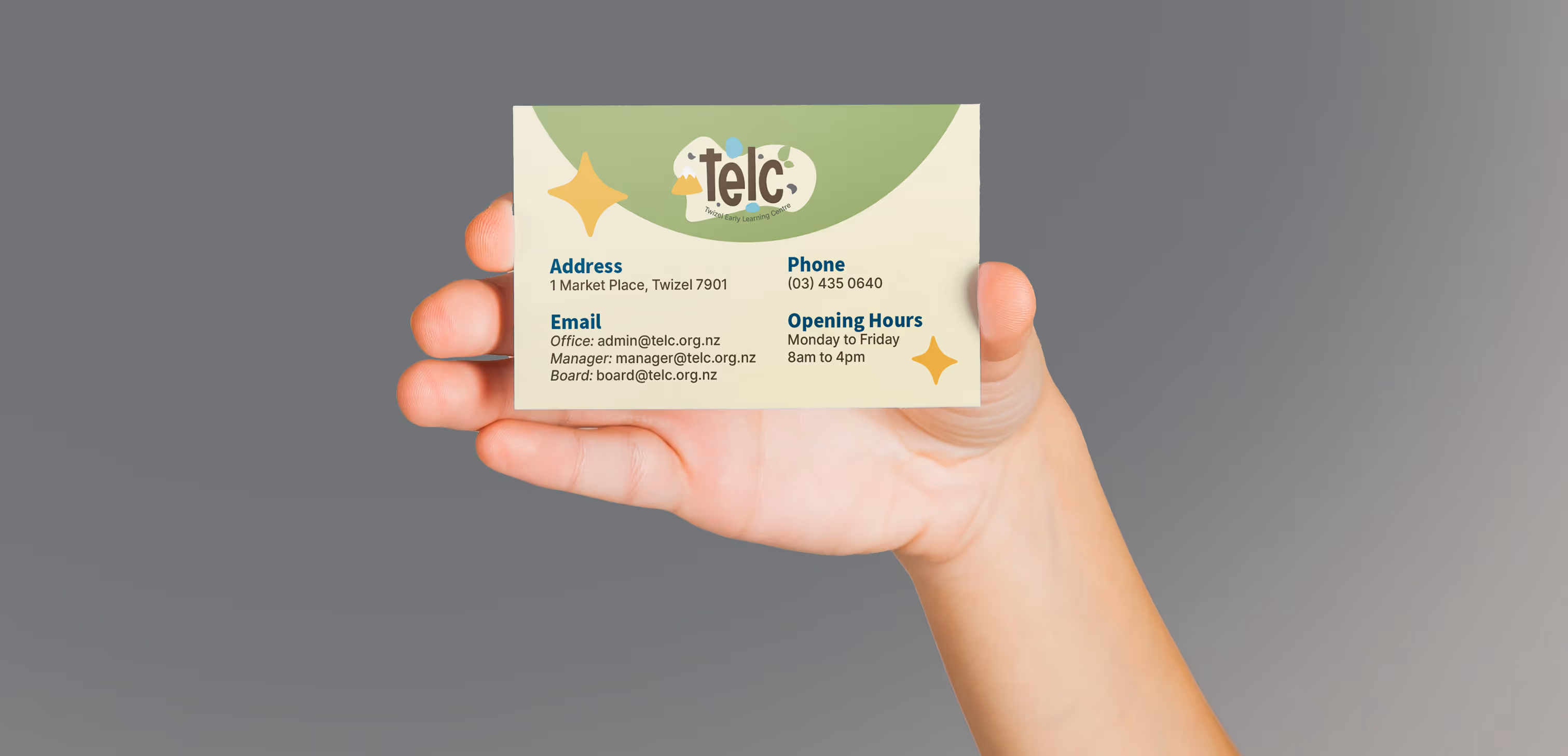 TELC (Twizel Early Learning Centre) business card design.