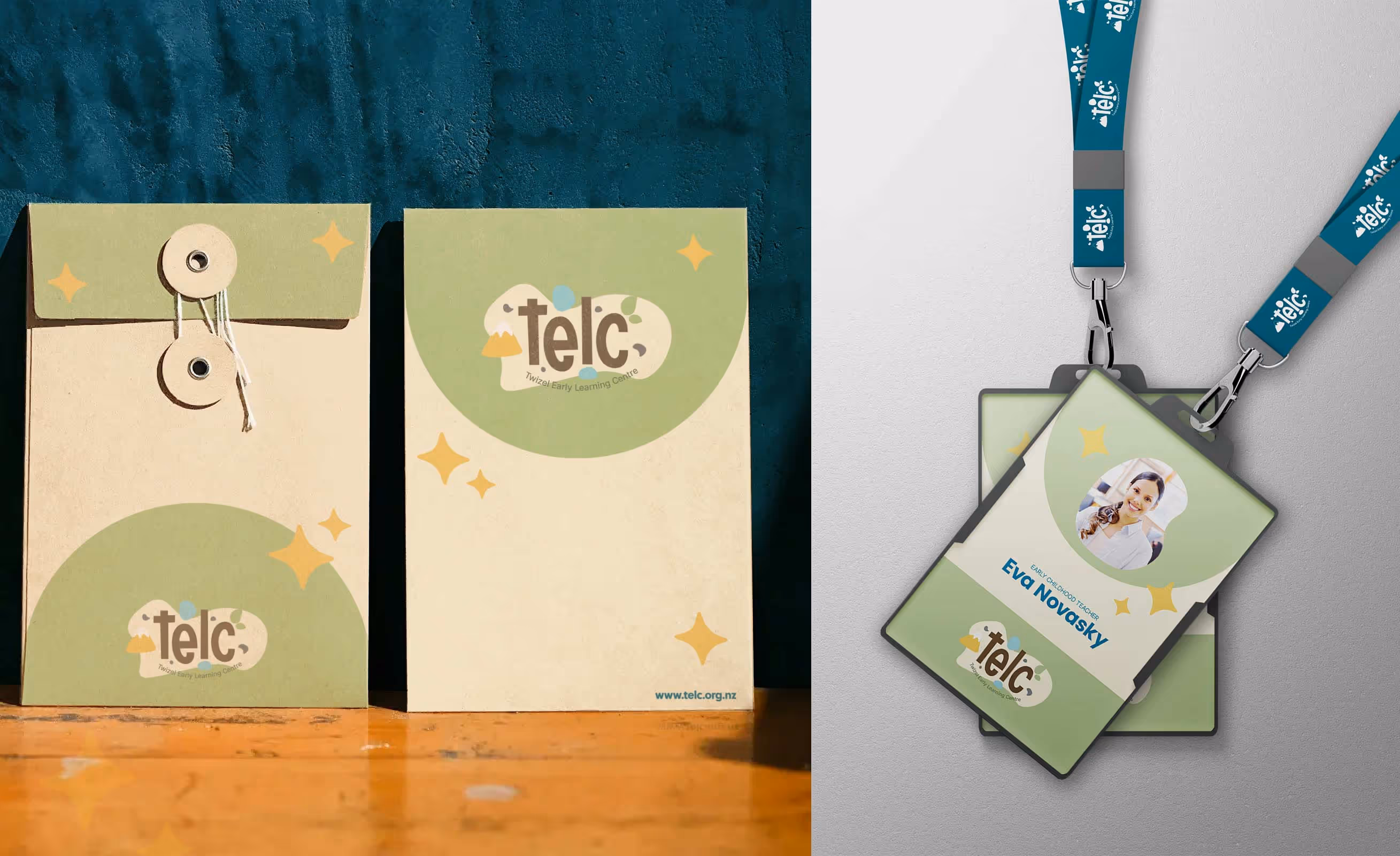 TELC (Twizel Early Learning Centre) branding - envelope design and staff tag design.