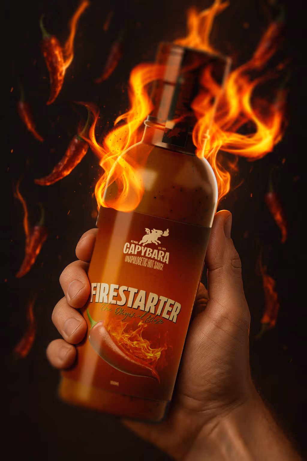 Capybara branding project, hot sauce bottle on flames.