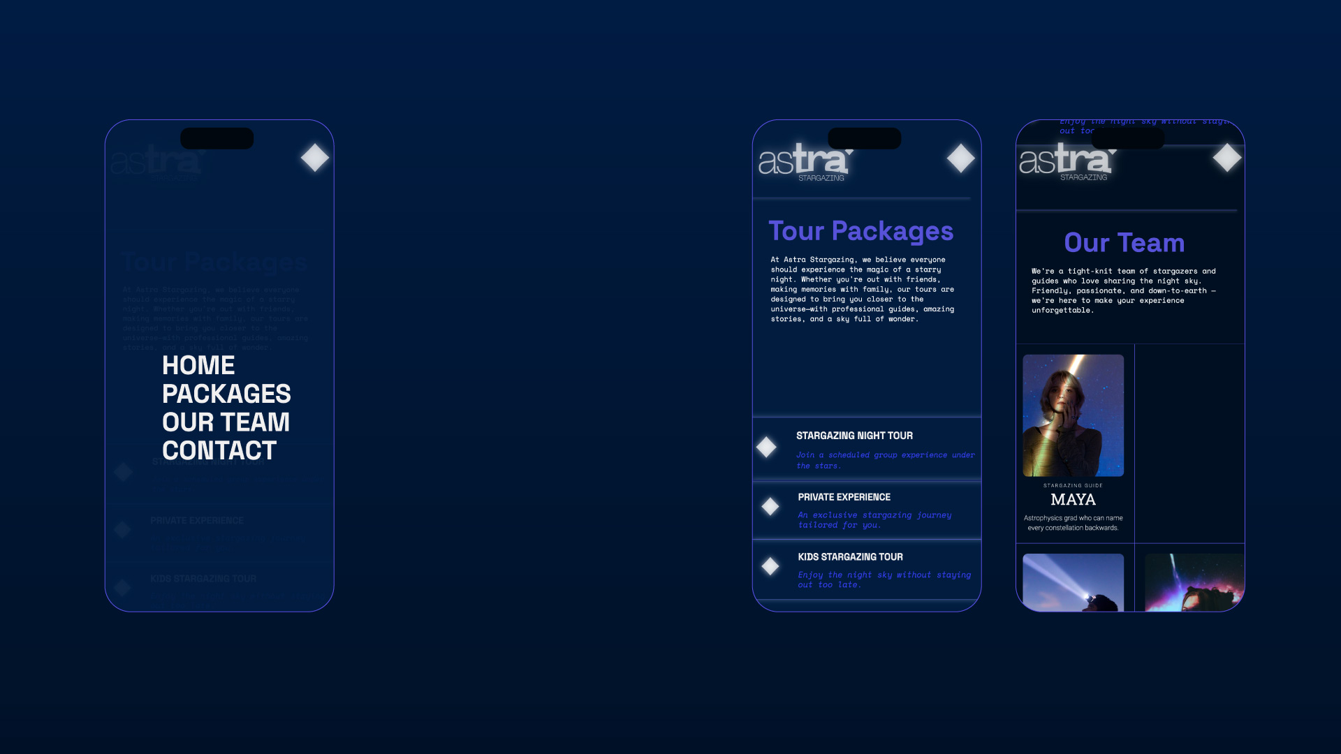 Mobile Webflow website for fictional stargazing brand in New Zealand’s Dark Sky Reserve