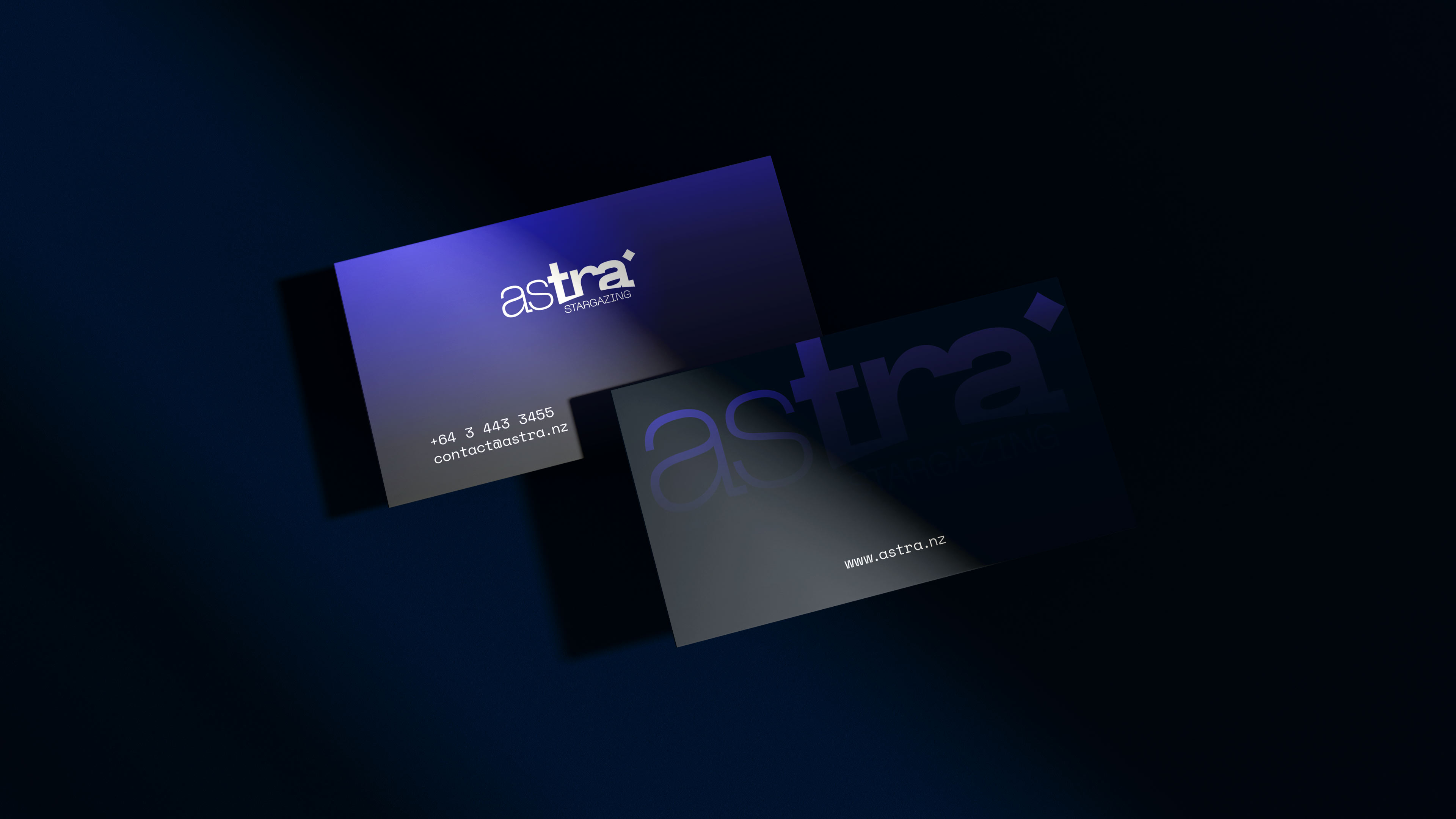 Modern business card design for NZ stargazing business – Astra branding project.