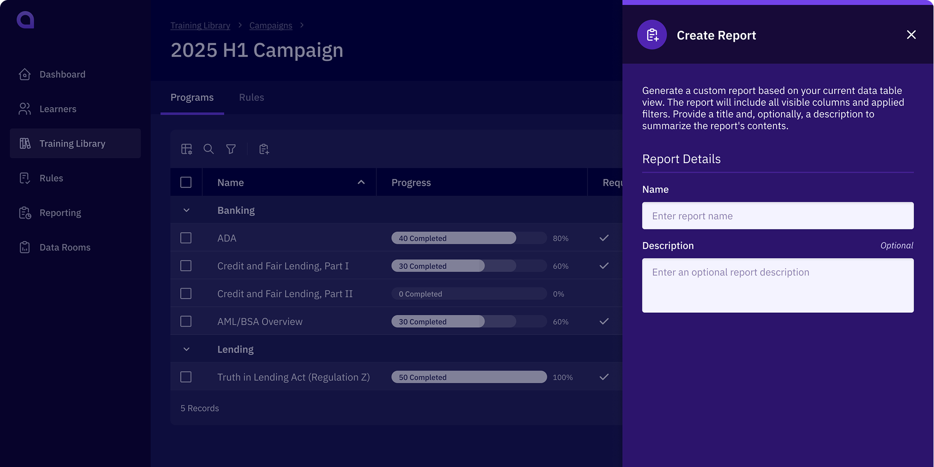 Affinity compliance reporting hero showing a Create Report side panel over a training campaign dashboard with programs and progress; fields to name and describe a custom audit-ready report.