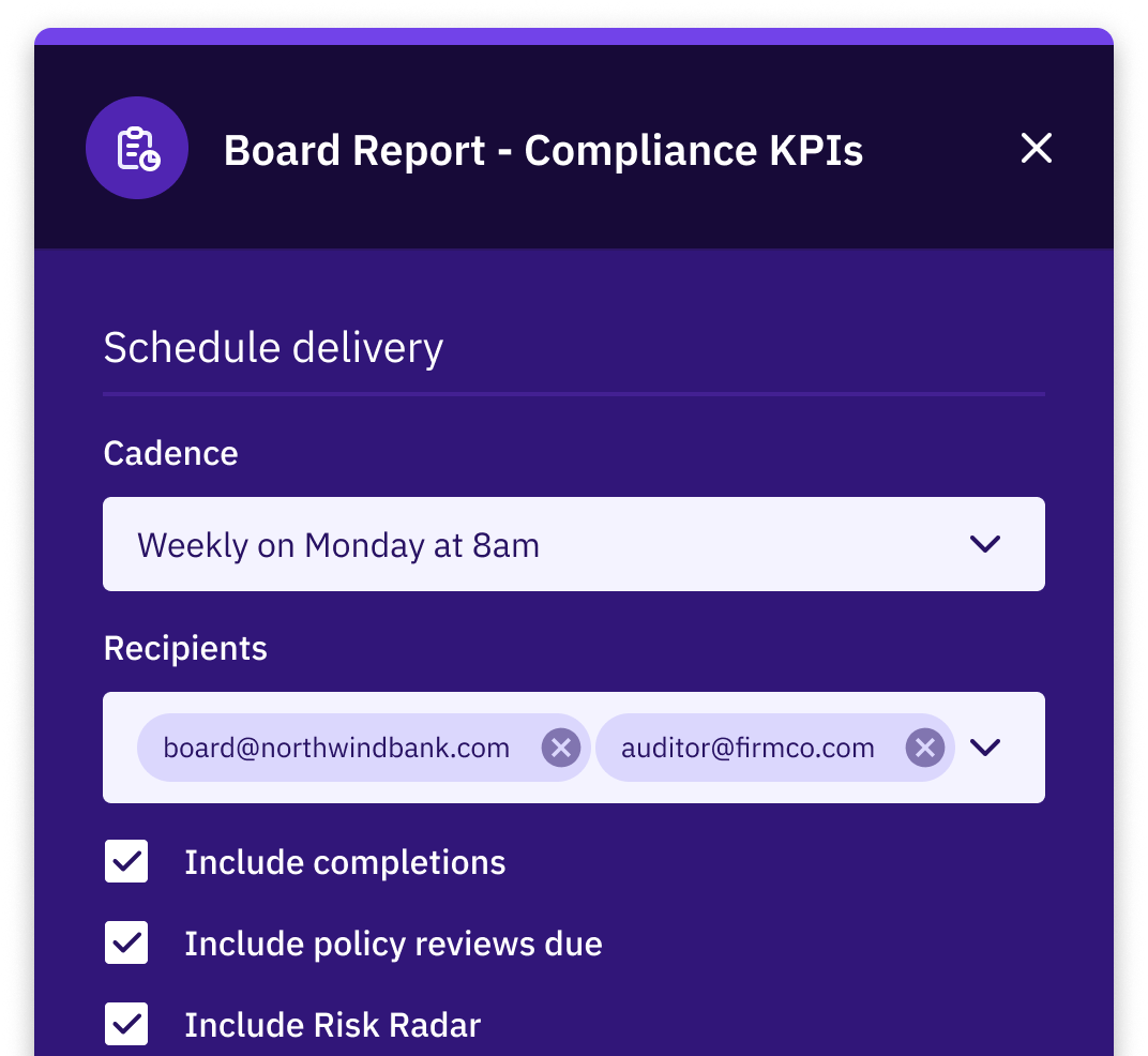 Board Report – Compliance KPIs scheduling panel showing Weekly on Monday at 8am cadence, recipients board@northwindbank.com and auditor@firmco.com, with checkboxes to include completions, policy reviews due, and Risk Radar.