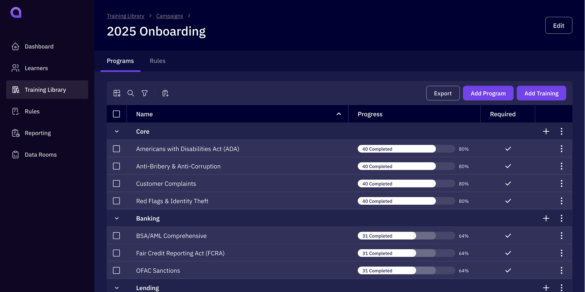 HR & People Ops view of Affinity onboarding campaign: auto-assigned compliance courses with completion progress and required status indicators.