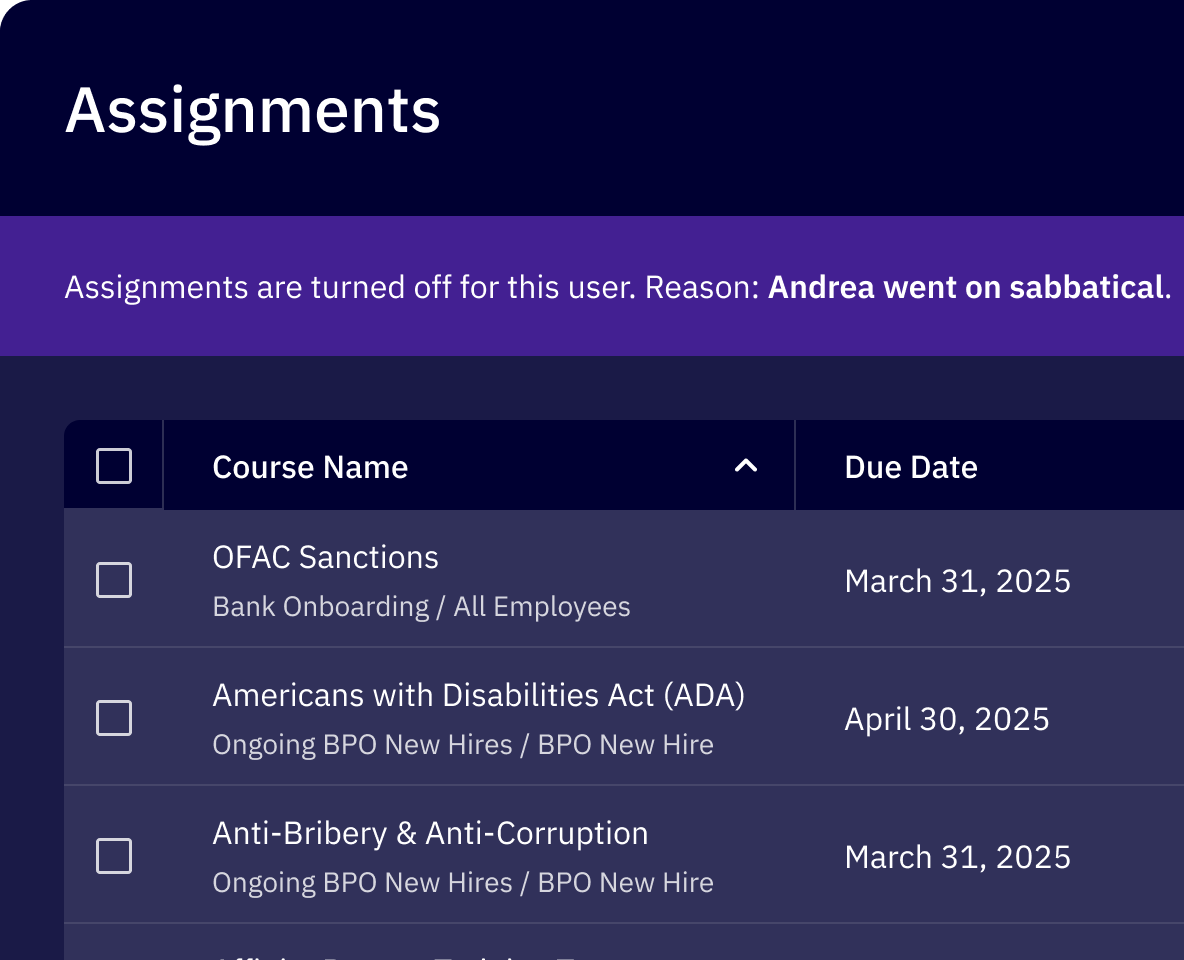 Assignments panel with exception banner pausing training for a user—reason captured as “went on sabbatical." Showing required courses (OFAC Sanctions, ADA, Anti-Bribery) and due dates, illustrating Affinity’s exception workflows that suspend assignments with an audit trail.