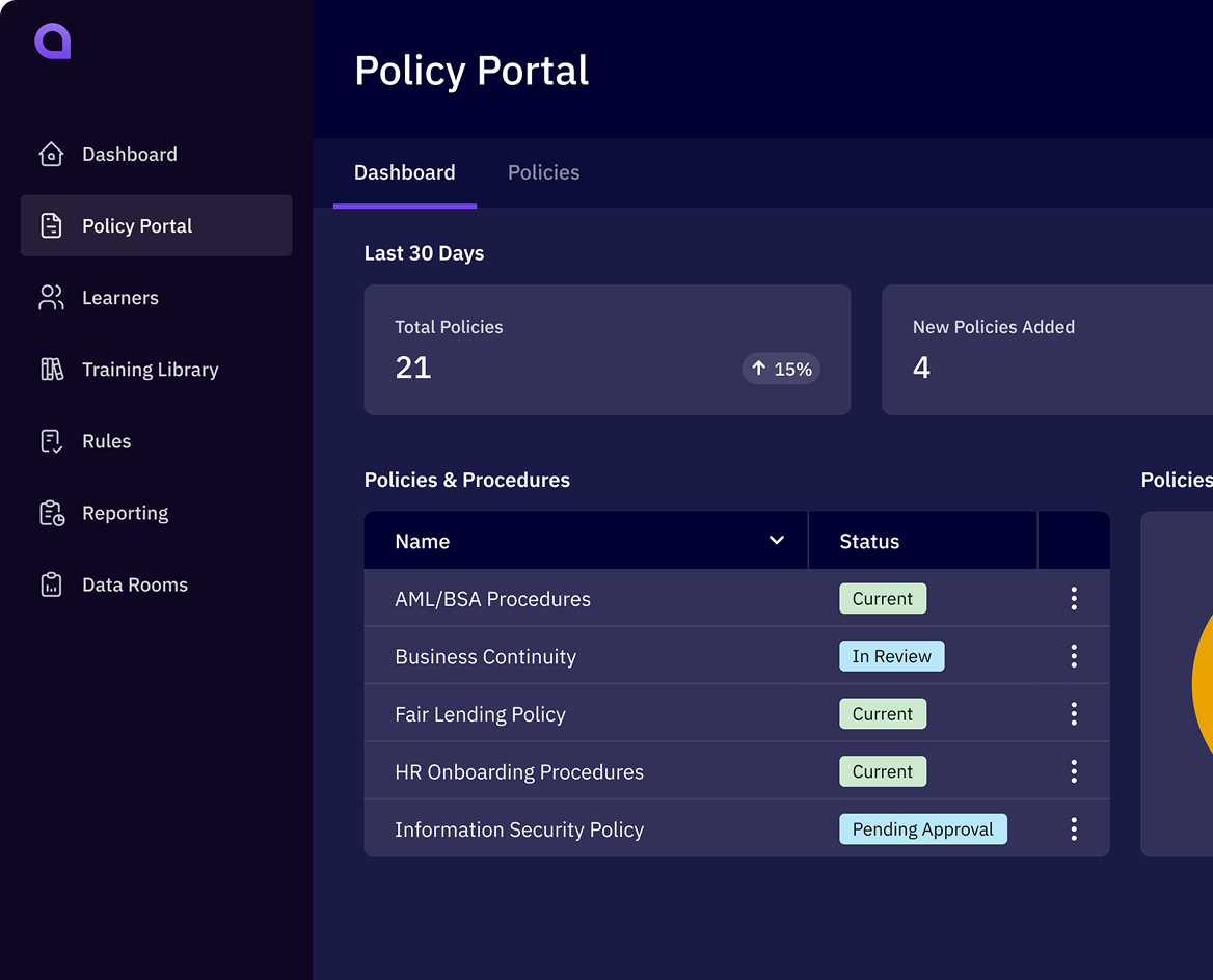Affinity Policy Portal dashboard showing policies with status chips and analytics. Centralized policy management hub.