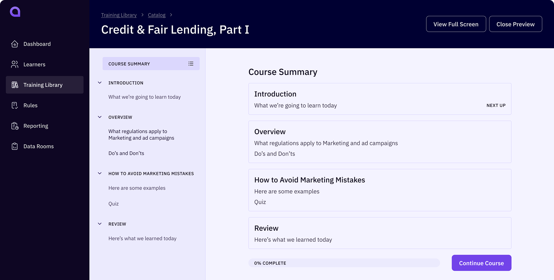 Affinity Training Library course view showing “Credit & Fair Lending, Part I” with module outline, 0% progress tracker, and Continue Course button. An example of employee compliance training in the LMS.
