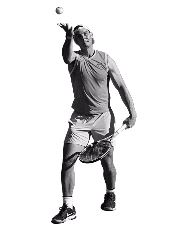 a black and white image of Rafa Nadal the tennis player