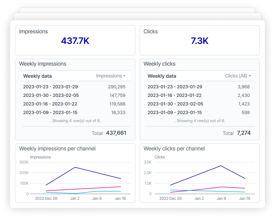 Screenshot of marketing reporting dashboard - Adriel