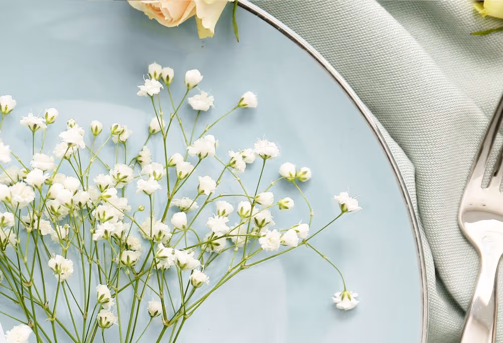 pale blue plate with baby's breath flowers on it