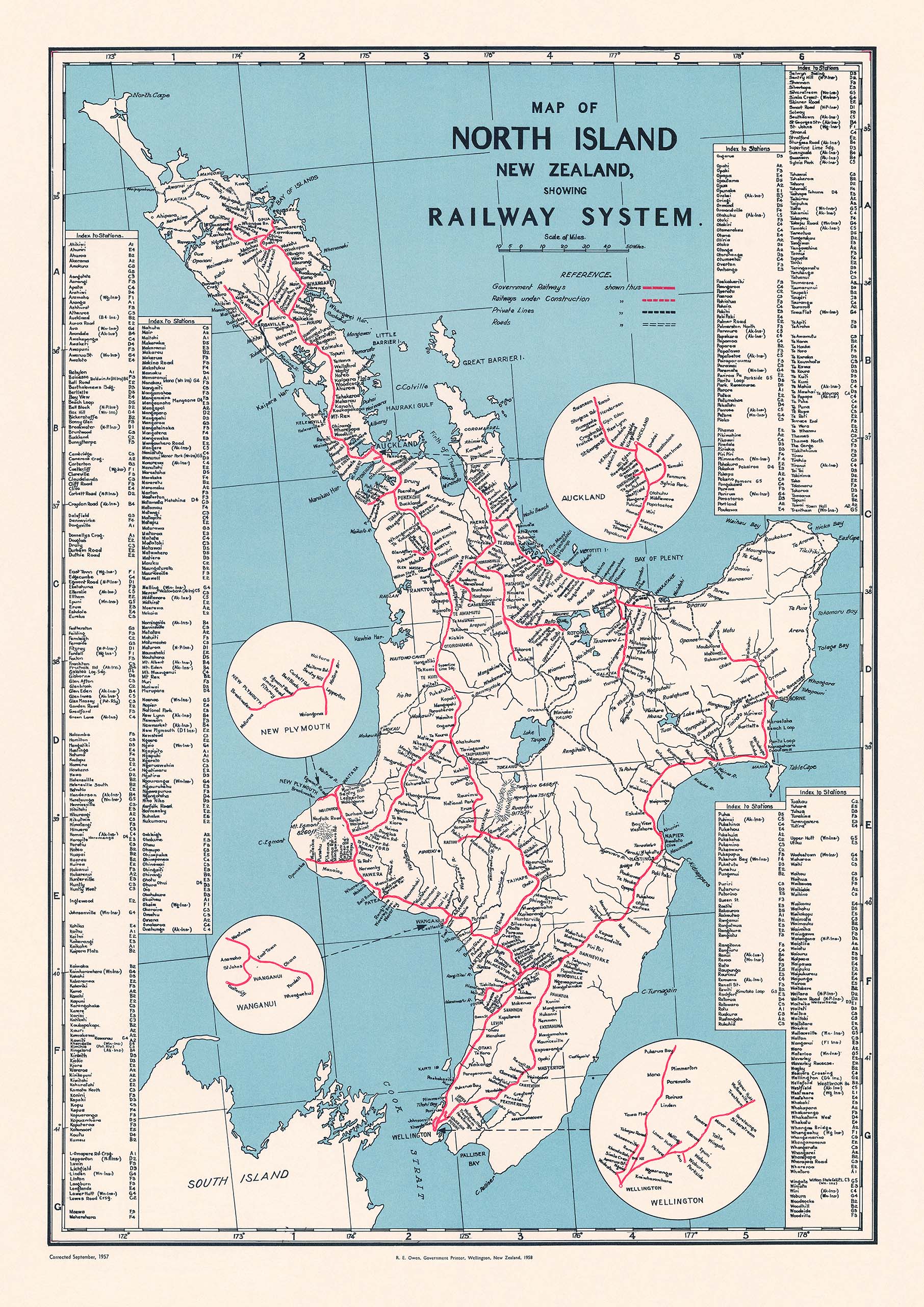 Railways Map of North Island, New Zealand 1958 historic map print – Medium poster fine art print