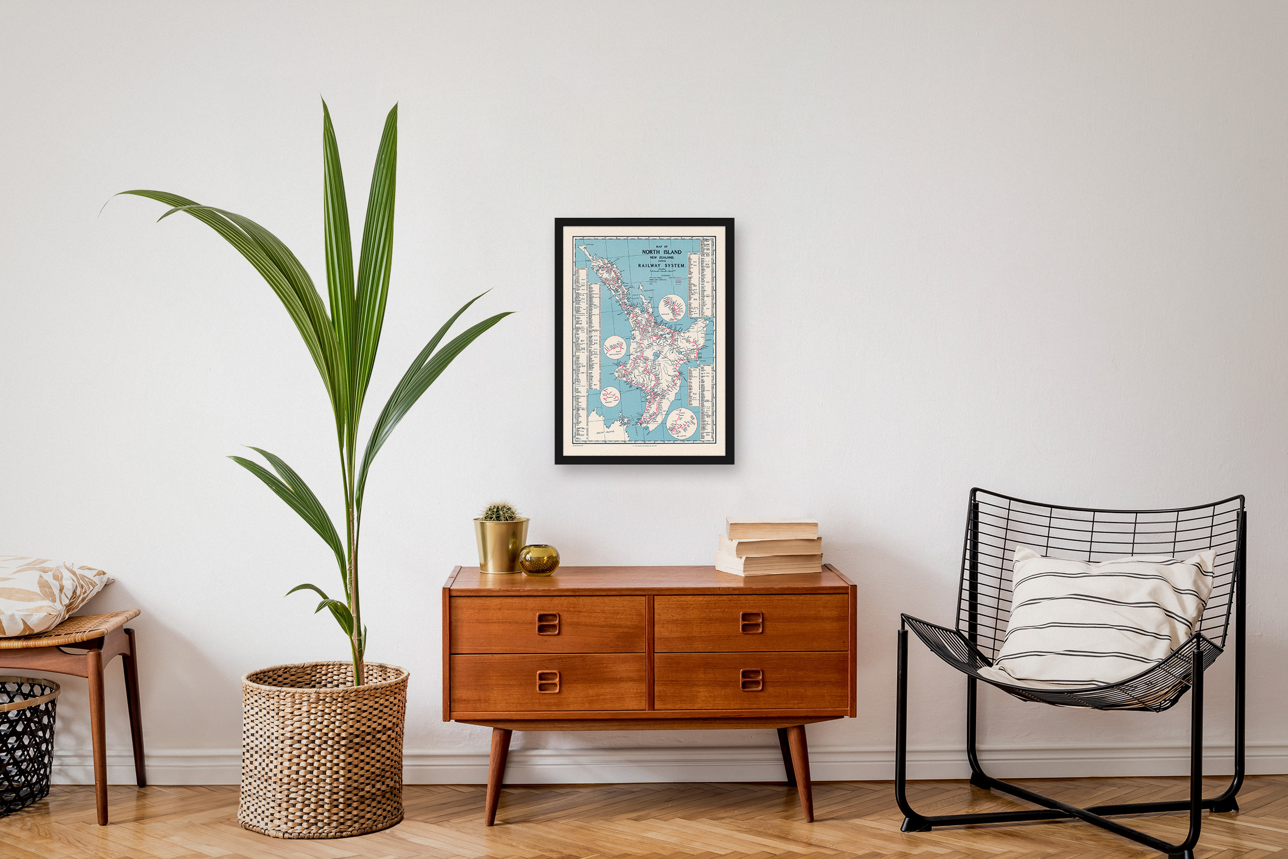 Railways Map of North Island, New Zealand 1958 historic map print wall art in modern living room – Medium black framed fine art