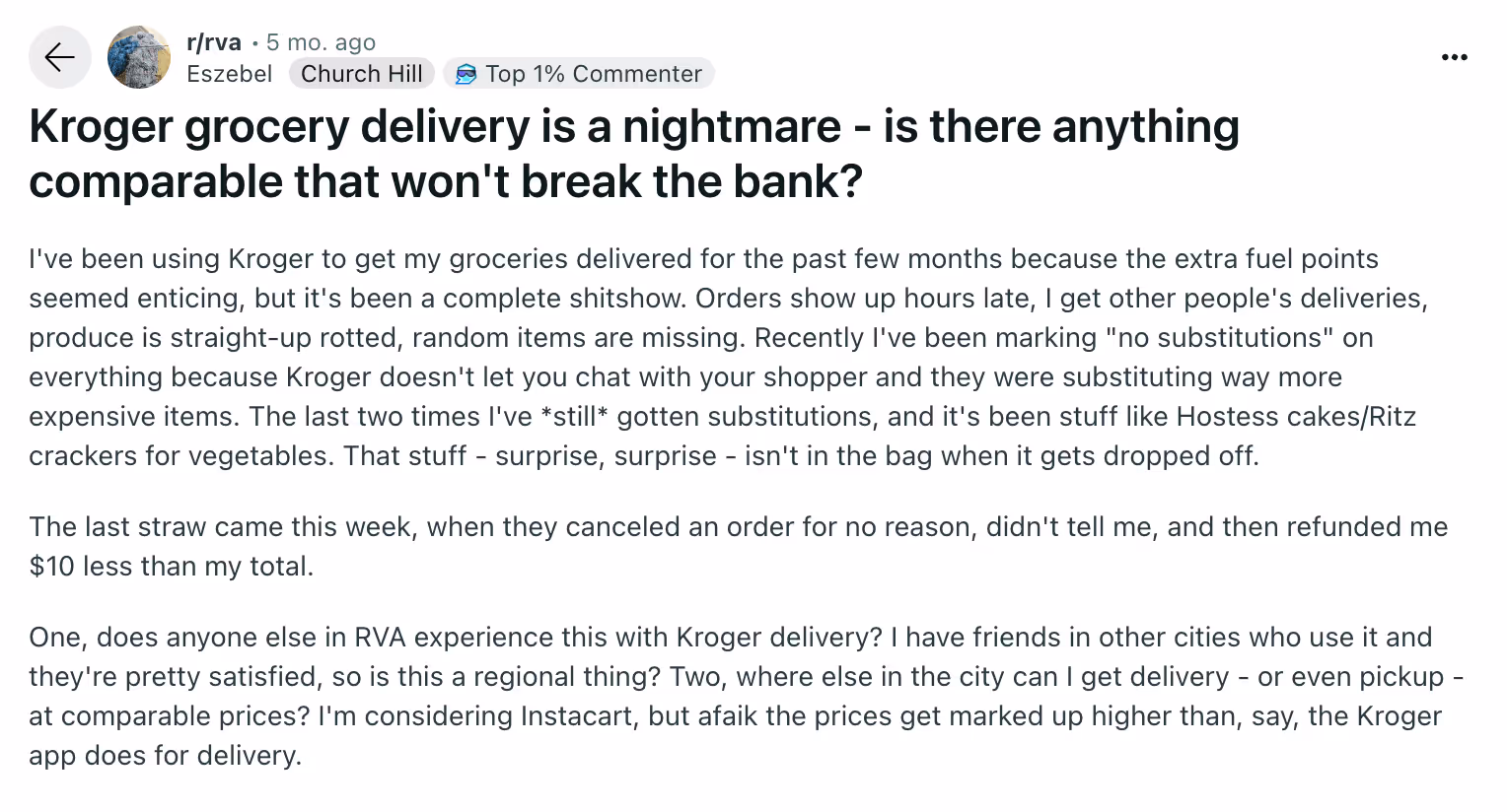 Reddit screenshot complaint about Kroger