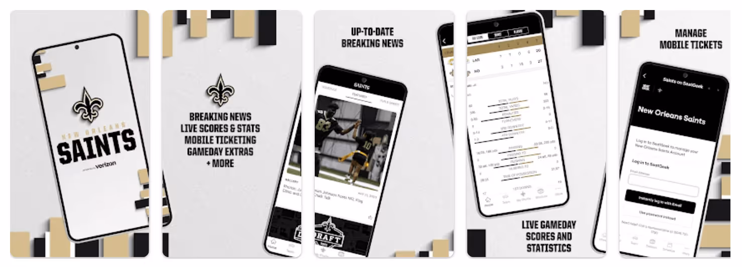 screenshots of the Saints mobile app