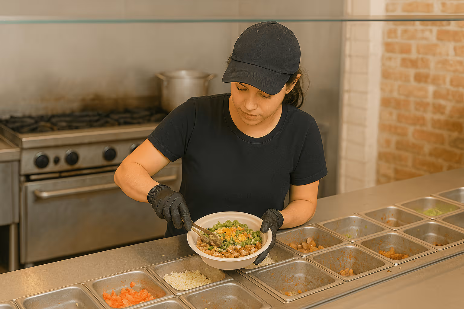 A make line worker creates a bowl for a customer