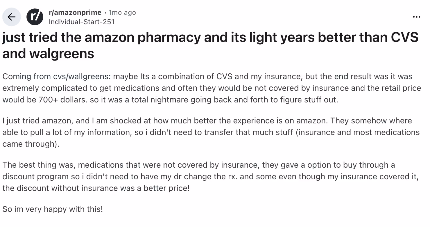 Reddit screenshot Amazon pharmacy
