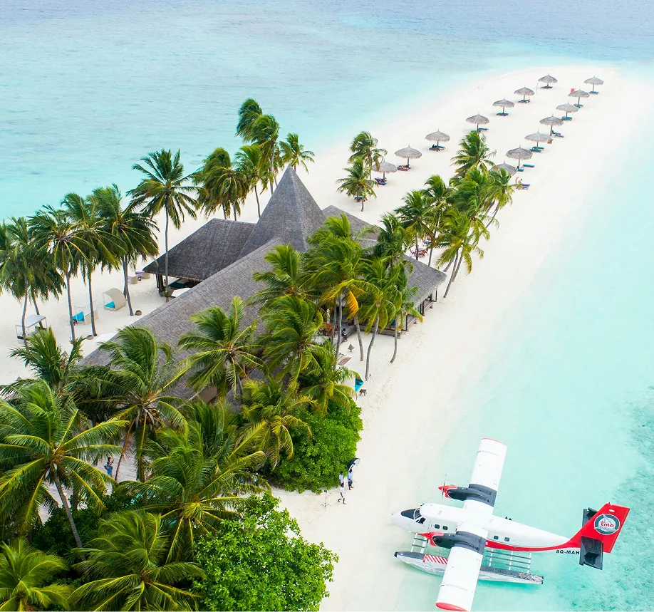 Aerial view of a tropical island resort with palm trees, thatched roofs, a row of beach umbrellas and lounge chairs along the white sandy beach, and a seaplane docked on clear turquoise water.