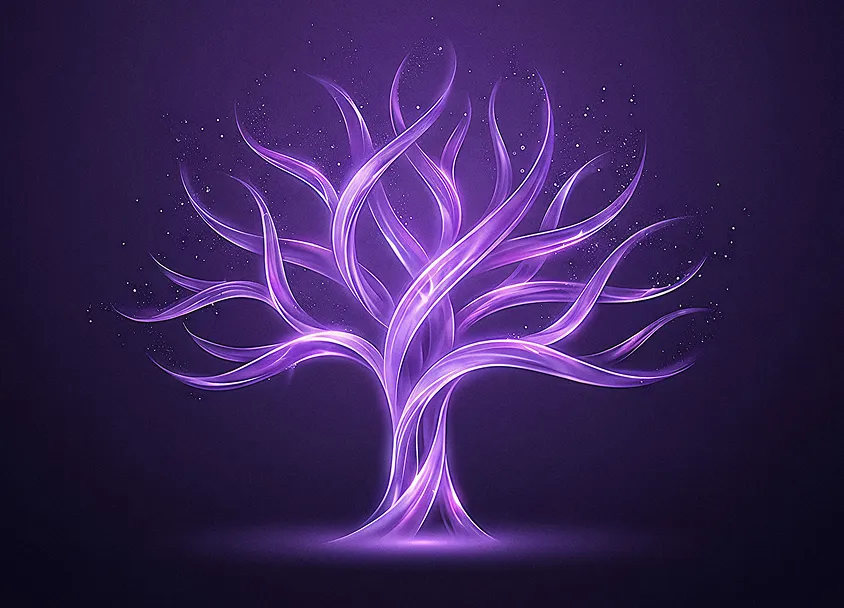 Glowing purple abstract tree with swirling branches on a dark background.