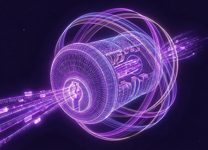 Glowing purple digital wireframe of a cylindrical lock mechanism with binary code streams entering and exiting it.