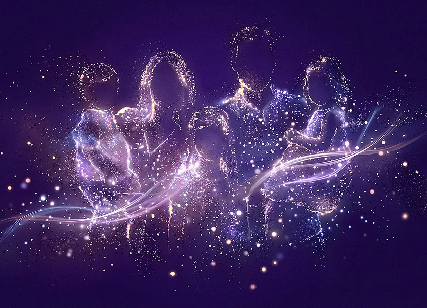 Abstract glowing silhouettes of a family of five against a dark purple background with swirling light particles.