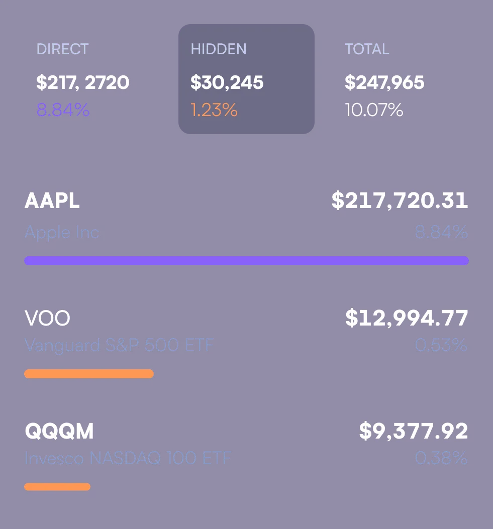 Investment portfolio summary with Direct $217,720 (8.84%), Hidden $30,245 (1.23%), Total $247,965 (10.07%). Holdings: Apple Inc $217,720.31 (8.84%), Vanguard S&P 500 ETF $12,994.77 (0.53%), Invesco NASDAQ 100 ETF $9,377.92 (0.38%).