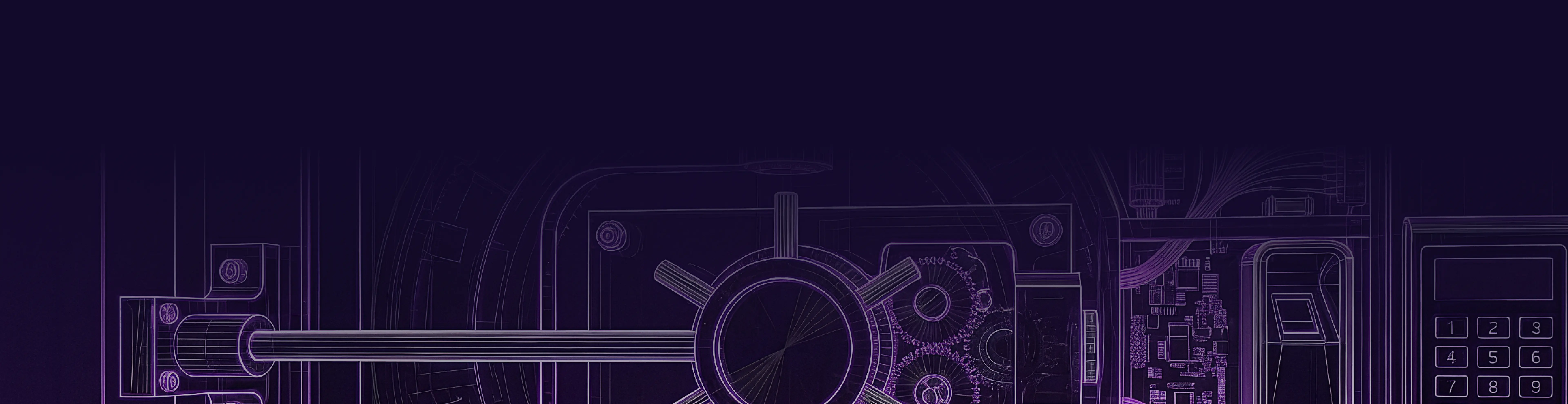 Technical blueprint-style illustration of a secure vault door with gears, locking mechanisms, and a keypad.