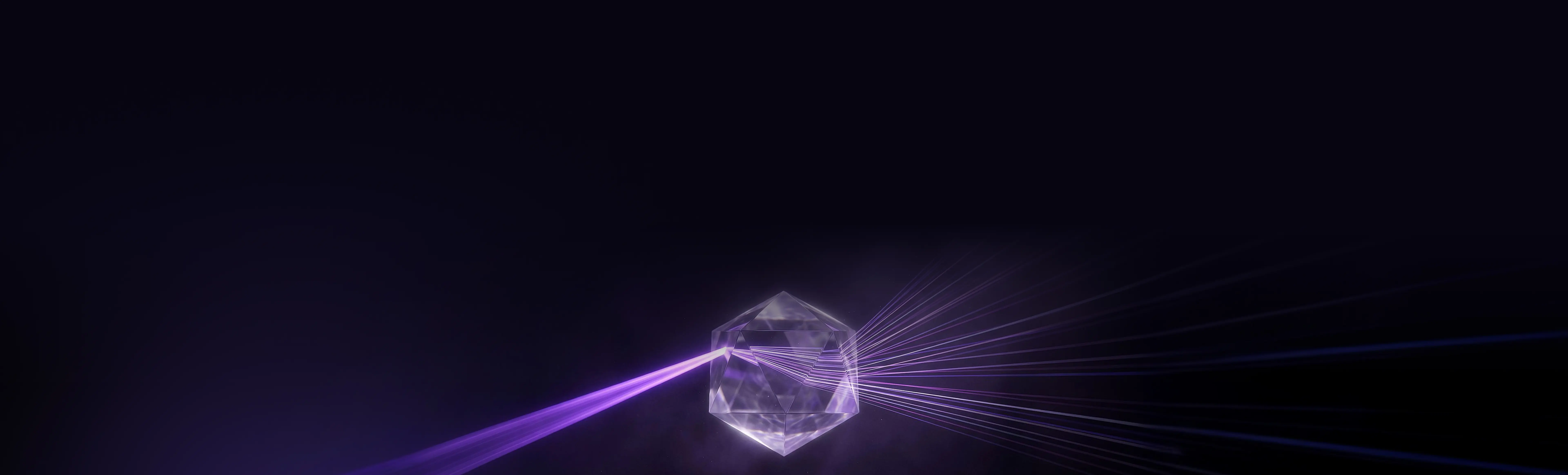 Purple laser beam entering a transparent prism and refracting into multiple beams on a dark background.