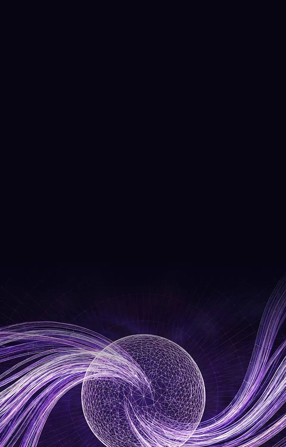 Abstract digital art with a wireframe sphere emitting flowing purple and white light trails on a dark background.