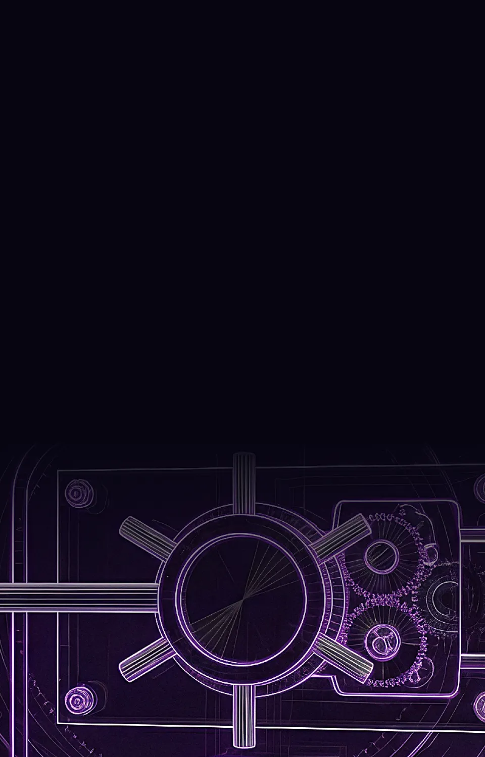 Glowing purple neon outline of a mechanical gear system and central wheel on a dark background.