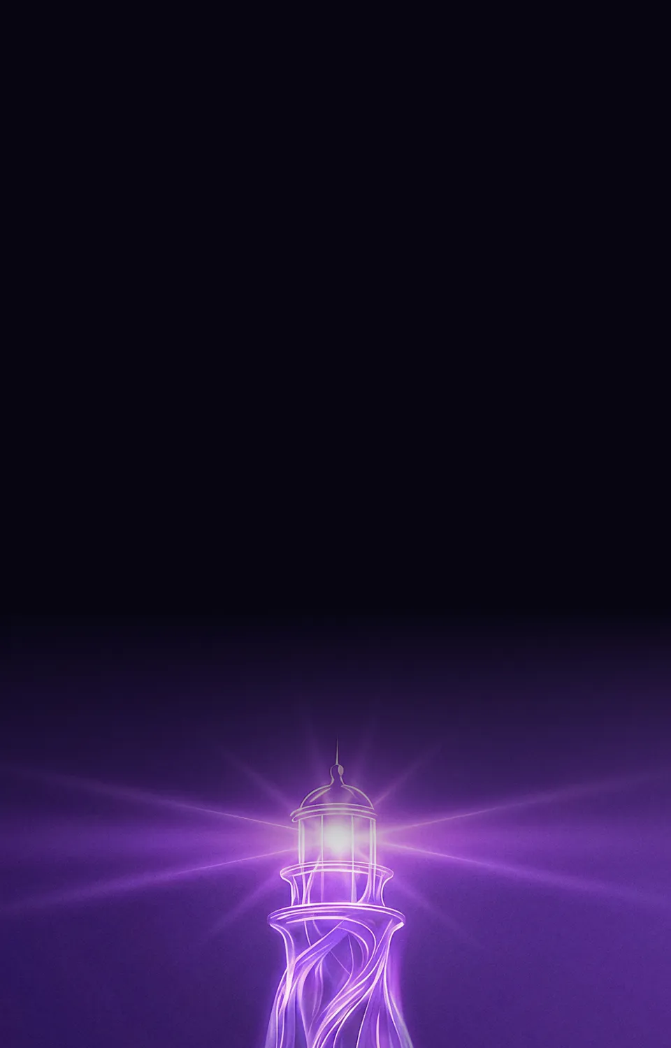 Glowing purple lighthouse emitting bright light rays against a dark background.