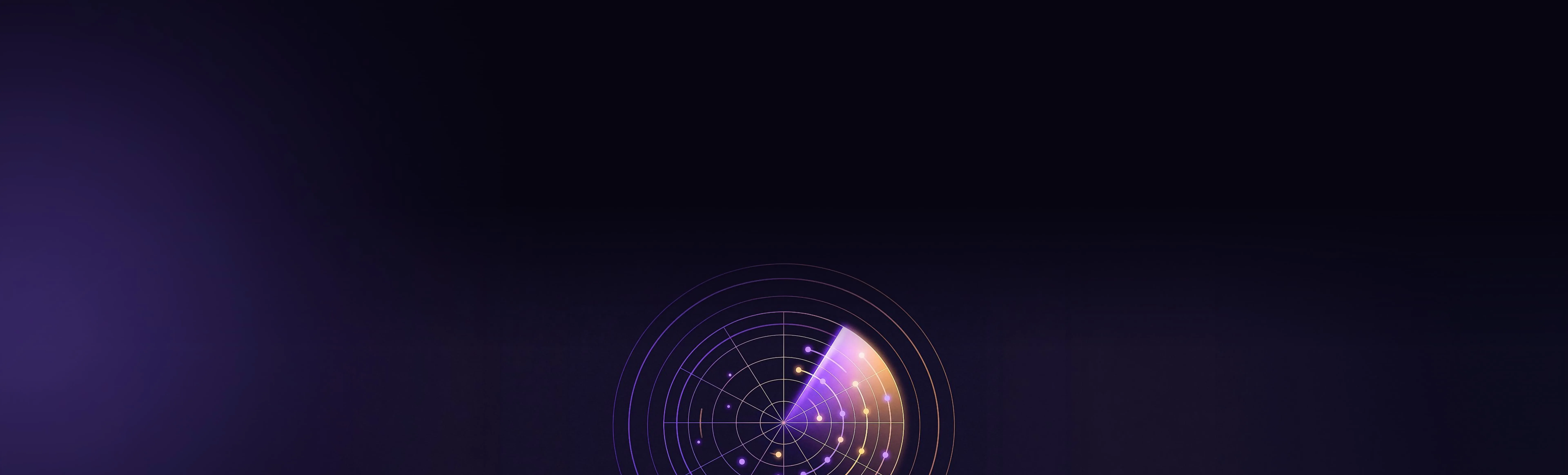 Circular radar screen with concentric rings and dots, displaying a purple and orange sweeping signal on a dark gradient background.