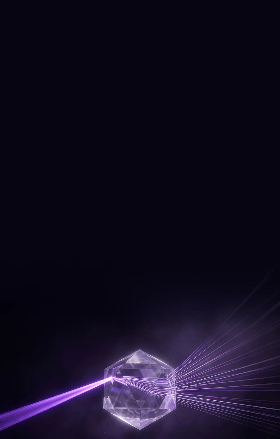 Purple laser beam entering a transparent prism and refracting into multiple rays on a dark background.