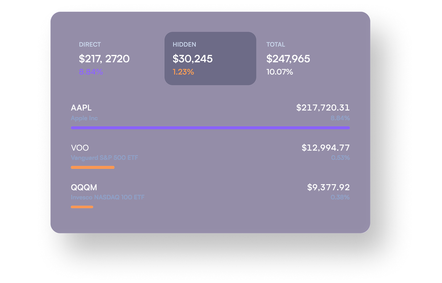 Financial summary showing direct investments of $217,2720 (8.84%), hidden investments of $30,245 (1.23%), total $247,965 (10.07%), and stock values: AAPL $217,720.31, VOO $12,994.77, QQQM $9,377.92.