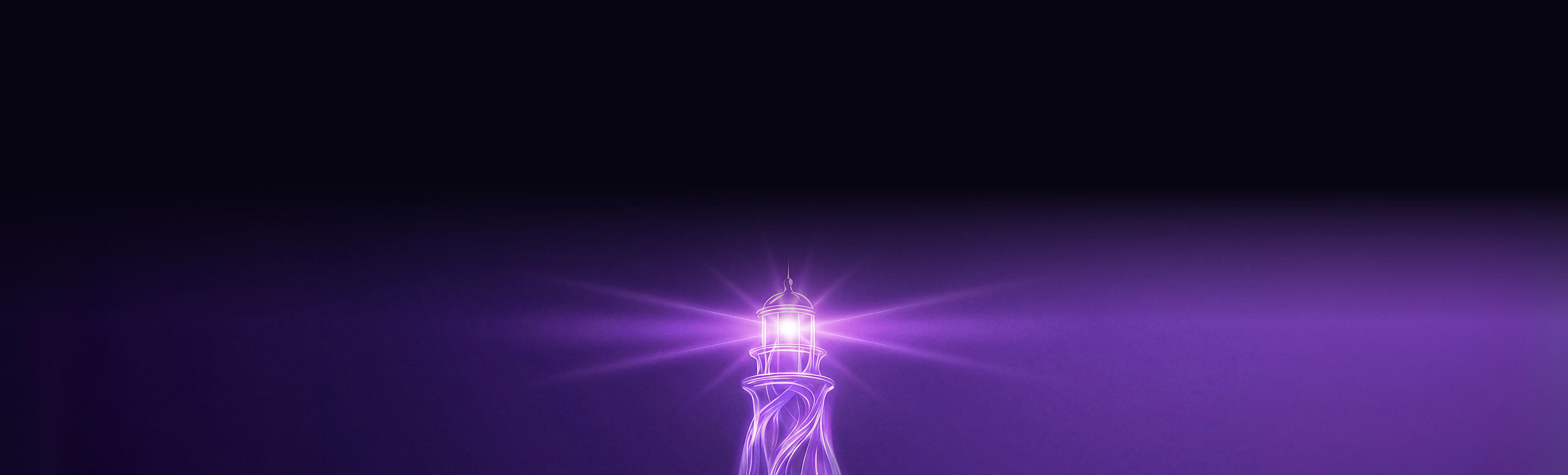 Glowing purple lighthouse emitting radiant light beams against a dark background.