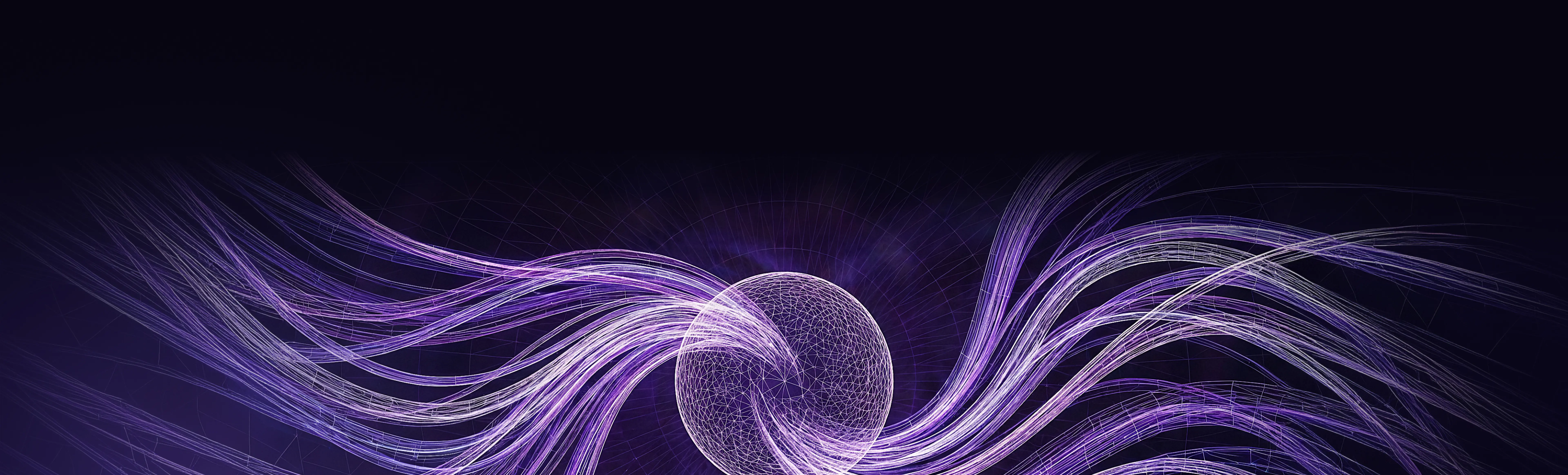 Abstract digital art of a glowing purple and white wireframe sphere with flowing, curved light trails extending outward on a dark background.