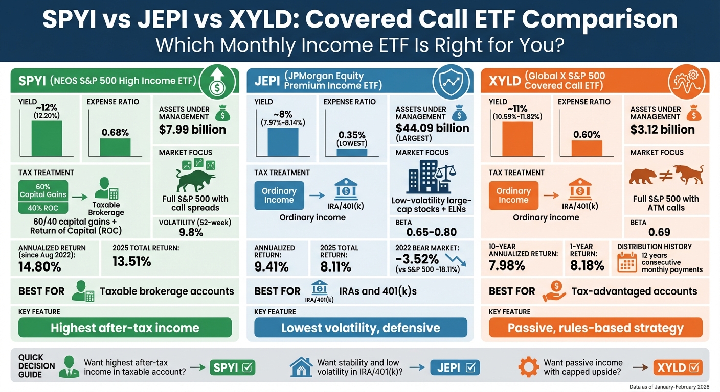 SPYI vs JEPI vs XYLD ETF Comparison: Yield, Fees, Tax Treatment and Performance