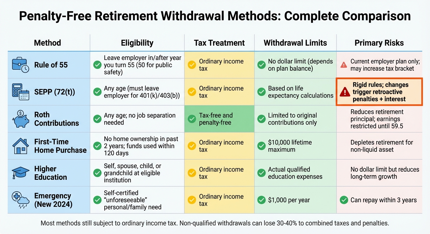 Penalty-Free Retirement Withdrawal Methods Comparison Chart