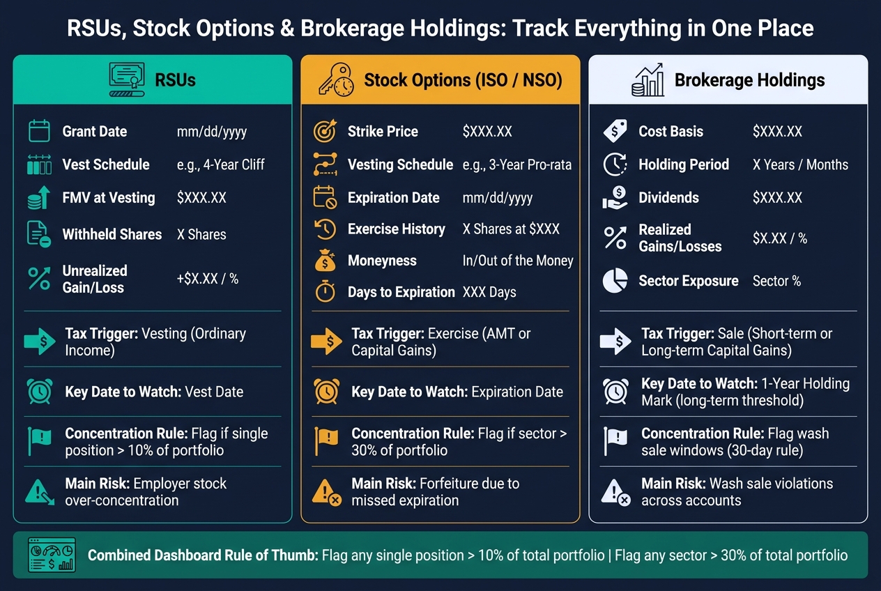 RSUs vs. Stock Options vs. Brokerage Holdings: Key Tracking Fields at a Glance